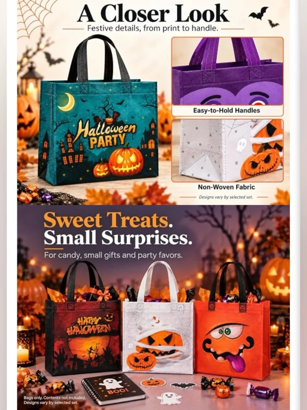 Halloween Kids Trick-or-Treat Tote Bag Set - Assorted Monster Faces- 6 pack